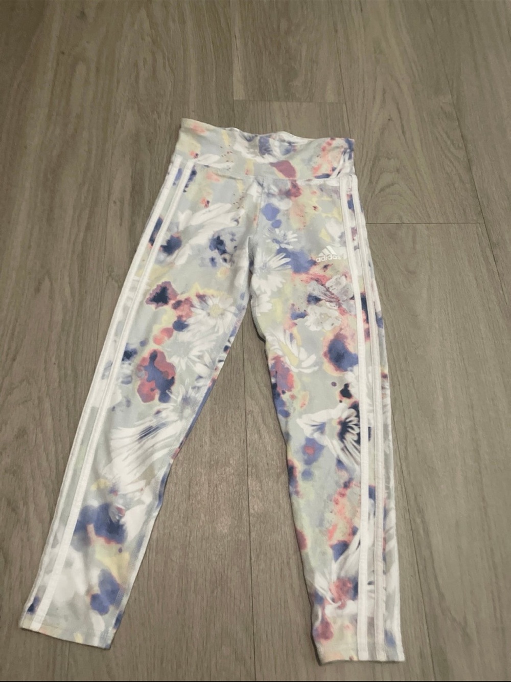 adidas White Floral Watercolor Print Girls' Leggings with Side Stripes